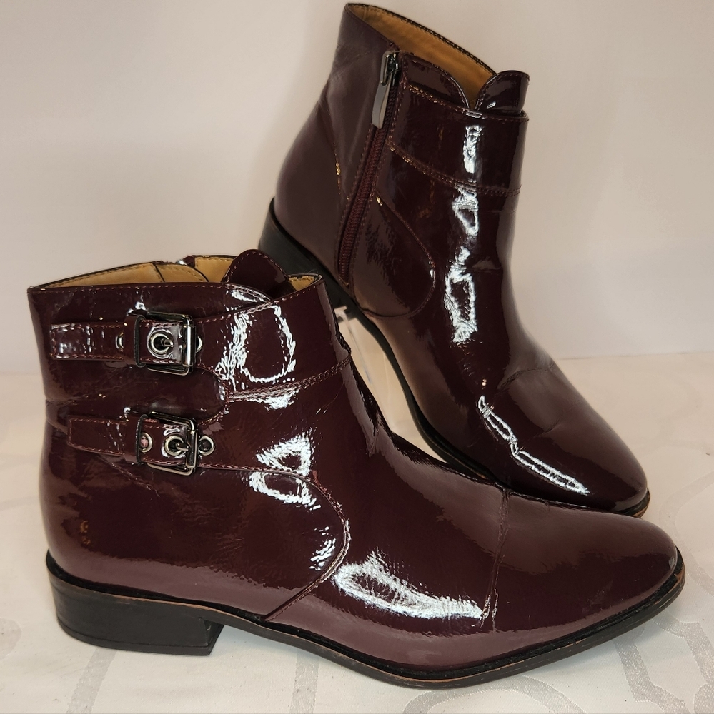 Franco Sarto Riddick Burgundy Patent Leather Ankle Boots Size 8.5